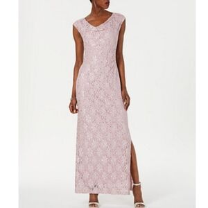 Connected Sequined Lace Cowl-Neck Gown